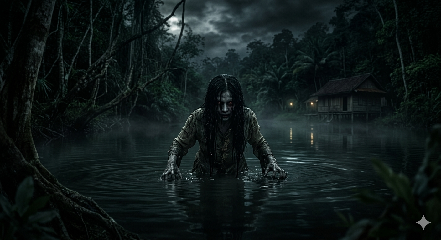 Visualisasi sinematik dan seram dari sosok Antu Banyu, hantu air dengan mata menyala merah redup mengintai dari permukaan air sungai gelap di tengah hutan malam.